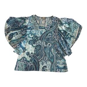 Neiman Marcus Sheer Blue and Green Ruffled Flutter Sleeve Blouse